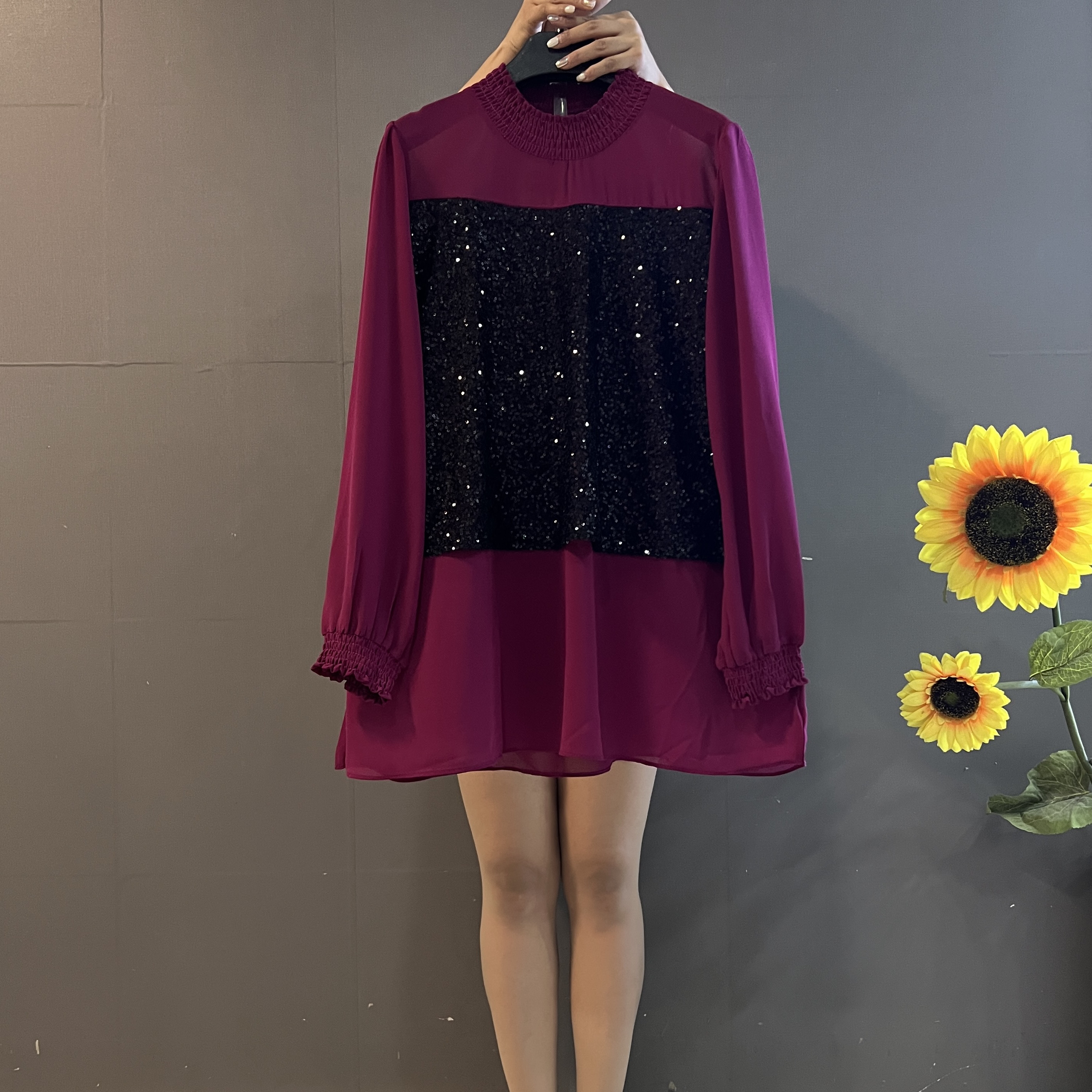 新款时尚高级感重工亮片拼接显瘦遮肚雪纺上衣