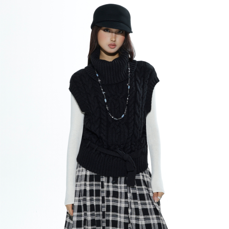 Audwyn复古高领小飞袖毛衣背心女粗针编织立体大麻花腰带显瘦上衣