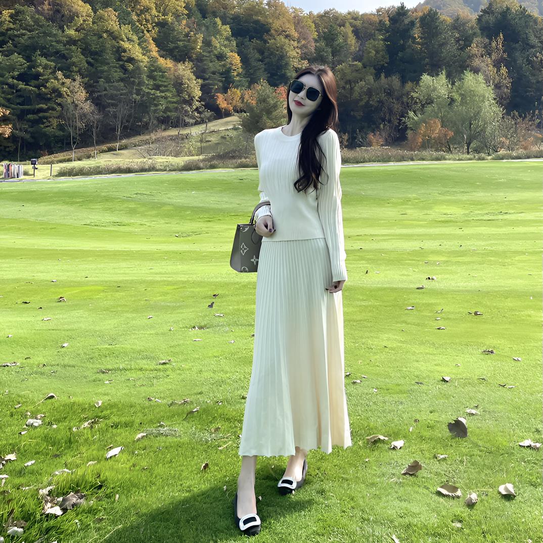 米色显瘦秋冬厚款针织毛衣长款半身裙两件套装气质时尚百搭中长款