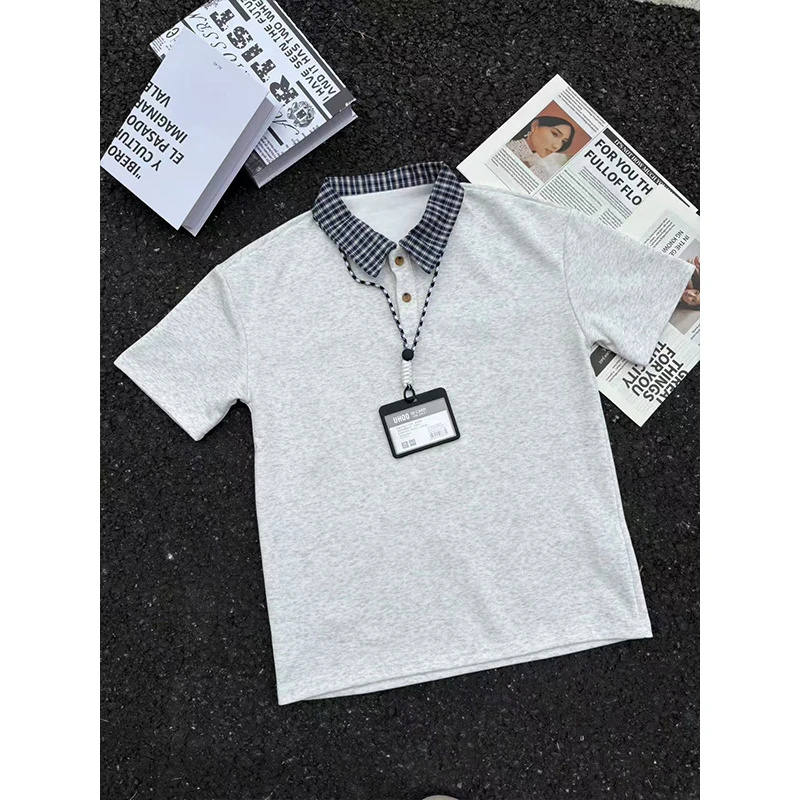 灰色假两件格子拼接POLO衫短袖男款夏季cleanfit美式简约正肩t恤