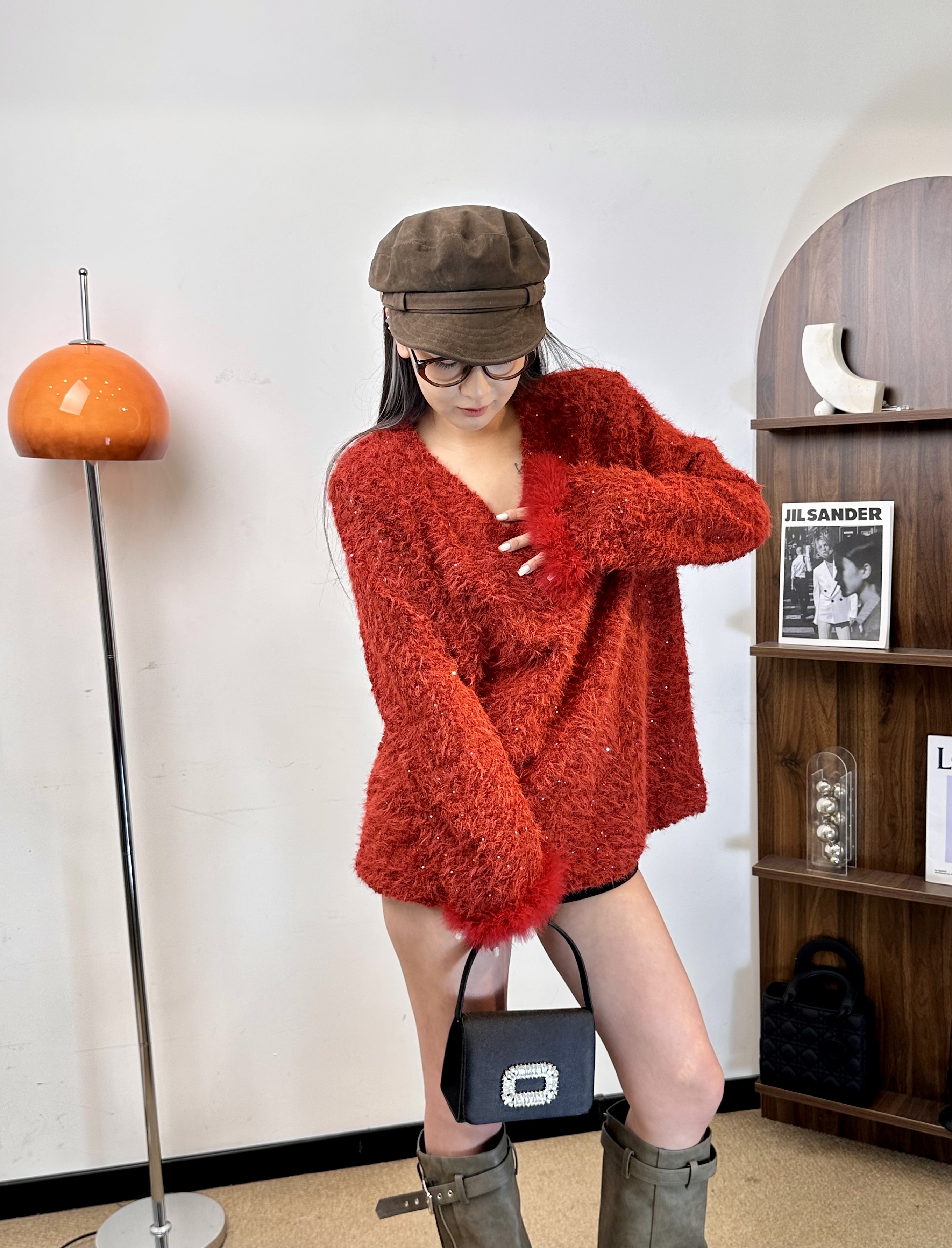 叮叮家【奶芙草莓】慵懒风v领套头跨年红色亮晶晶秋冬款宽显瘦上衣