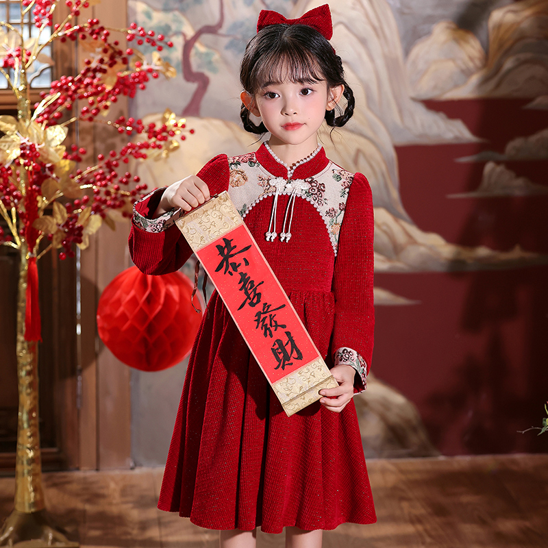 女童连衣裙加绒加厚拜年服小女孩汉服秋冬中国风裙子红色唐装旗袍