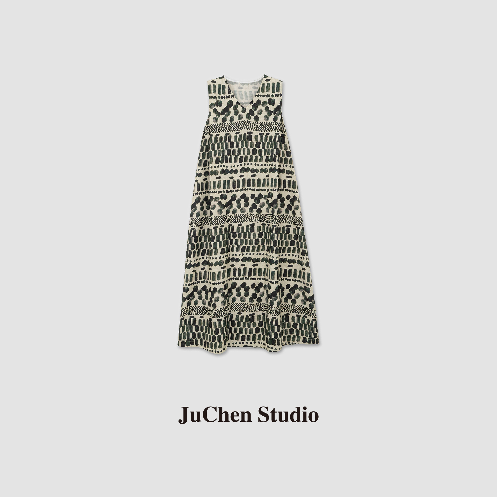 浪漫茶歇几何水墨波点印花艺术悬坠感V领无袖连衣裙 SS301001-54