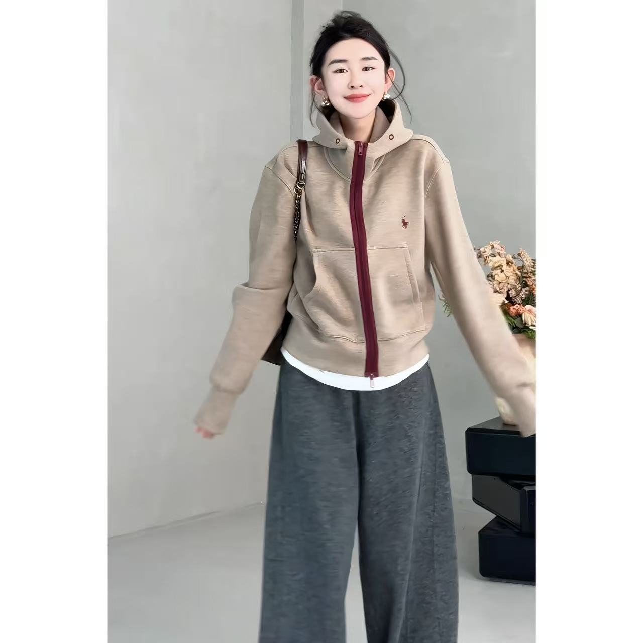 玖了个玖 2025秋季新品极简百搭撞色双拉链加厚卫衣外套2508C5050