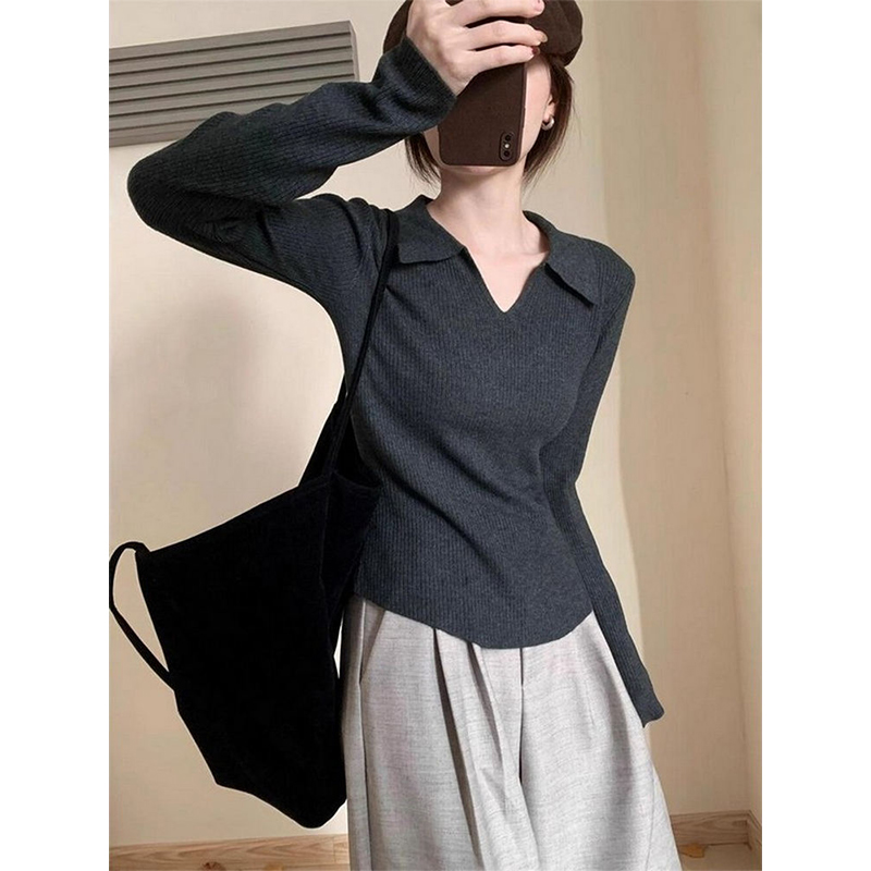polo领长袖针织衫女2025秋季新款内搭毛衣修身显瘦v领上衣打底衫