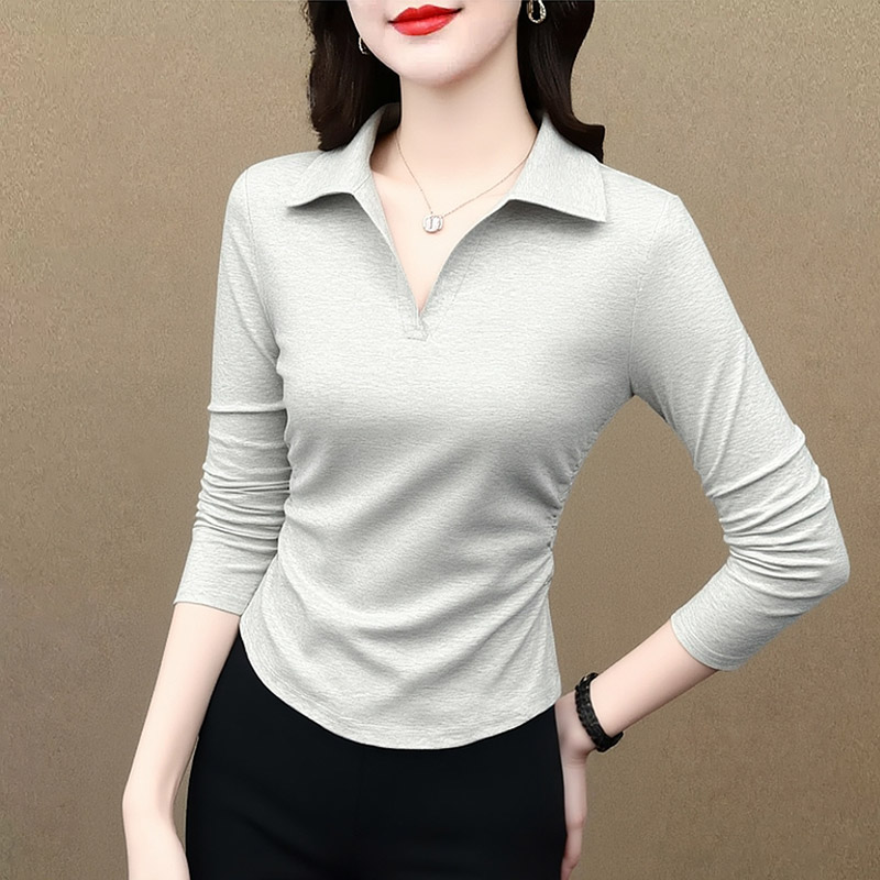 早秋polo领翻领褶皱长袖T恤收腰打底衫内搭设计感V领修身显瘦上衣