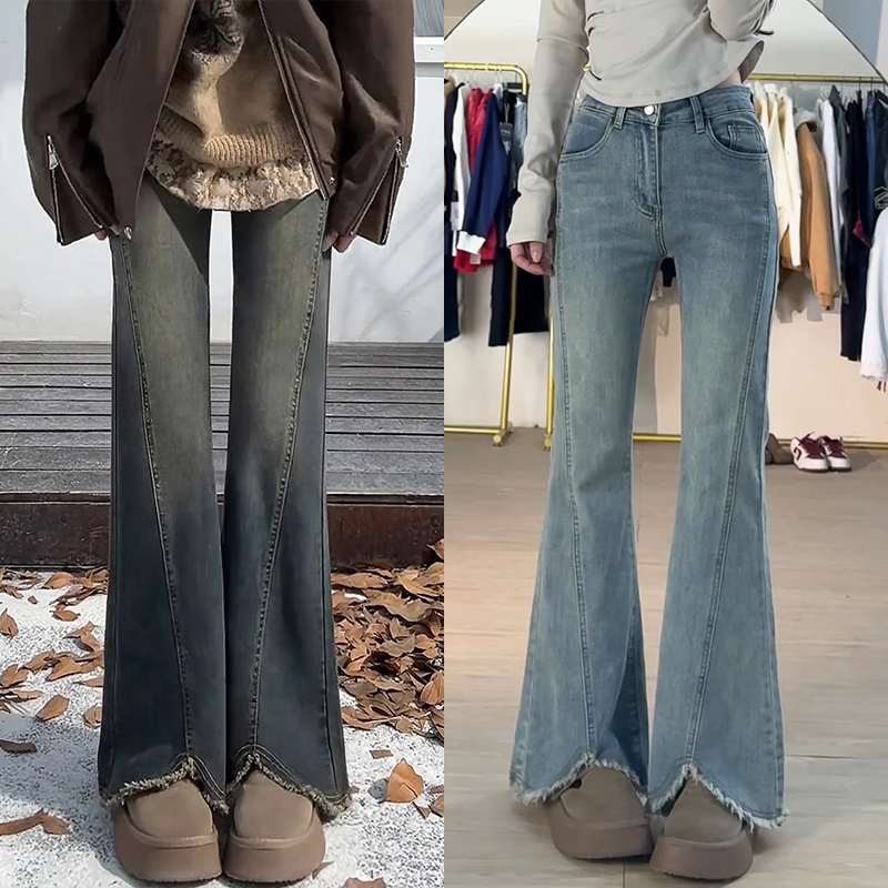 复古蓝毛边微喇牛仔裤女秋冬新款大码高腰遮肚显瘦遮胯黑色直筒裤