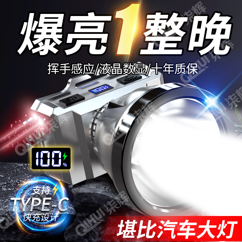 【2024爆款激光】LED强光头灯超亮手电筒充电户外感应远射疝气矿灯
