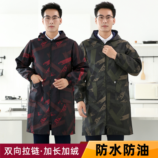 男士加绒罩衣大人厨房冬季时尚工作服防水防油长袖成人围裙加厚男