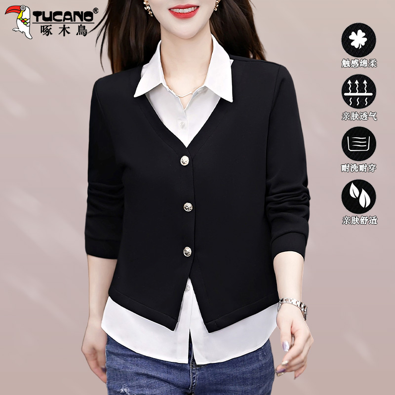 啄木鸟针织衫衬衣女2026新款春秋休闲假两件衬衫时尚显瘦女装上衣