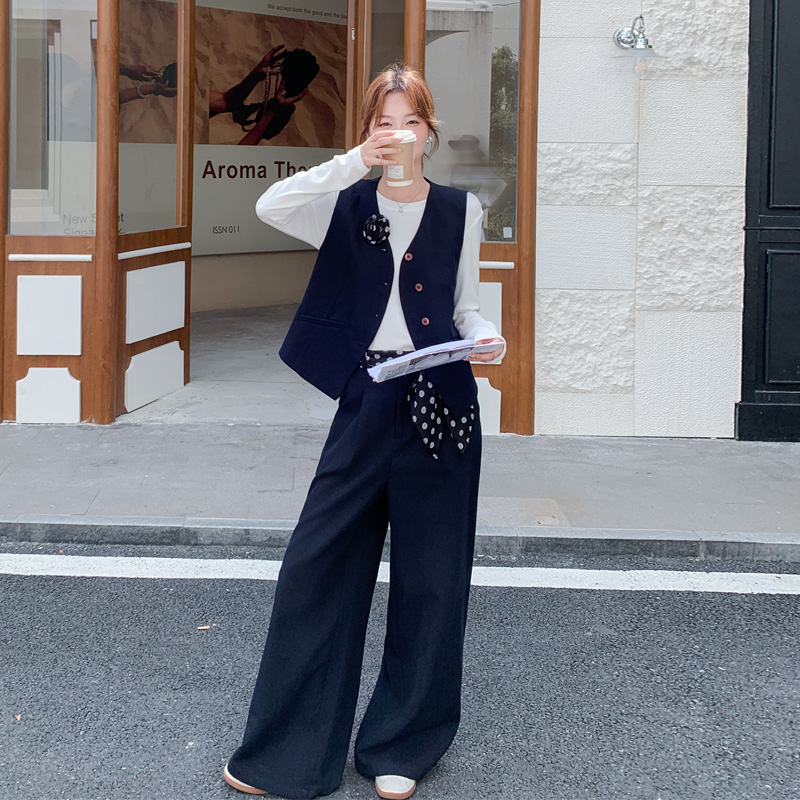 简约韩系通勤风马甲T恤阔腿裤2025秋季新款chic小香风气质三件套