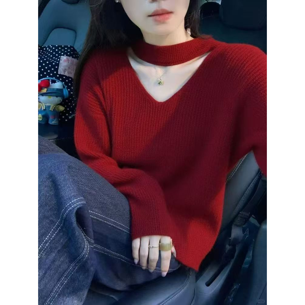 韩系独特漂亮红色挂脖针织衫女2025秋冬新款超好看氛围感穿搭毛衣