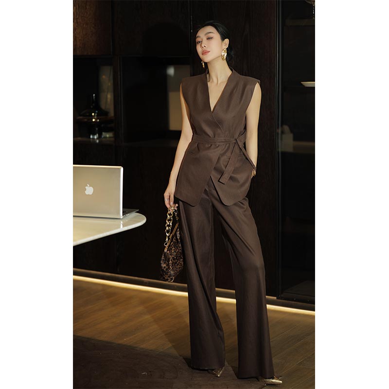 2025春夏V领系带马夹阔腿裤气质时尚咖啡色套装高级感两件套