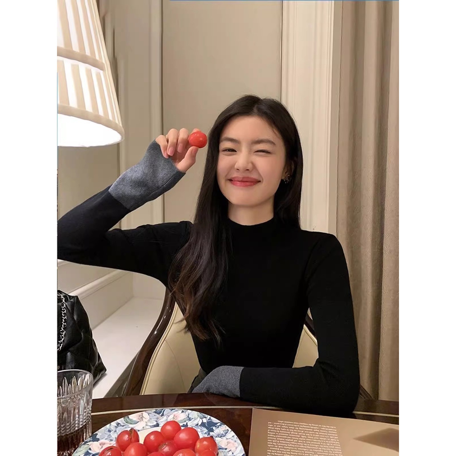 春秋冬季半高领撞色针织打底衫女长袖复古拼接上衣软糯内搭毛衣