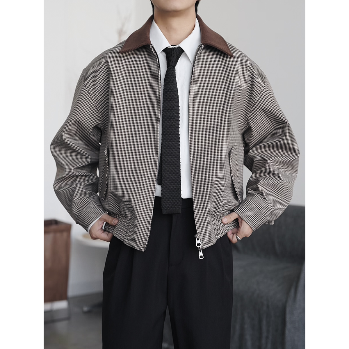 新款韩版秋冬时尚千鸟纹夹克男宽松高级感翻领休闲外套rjk10