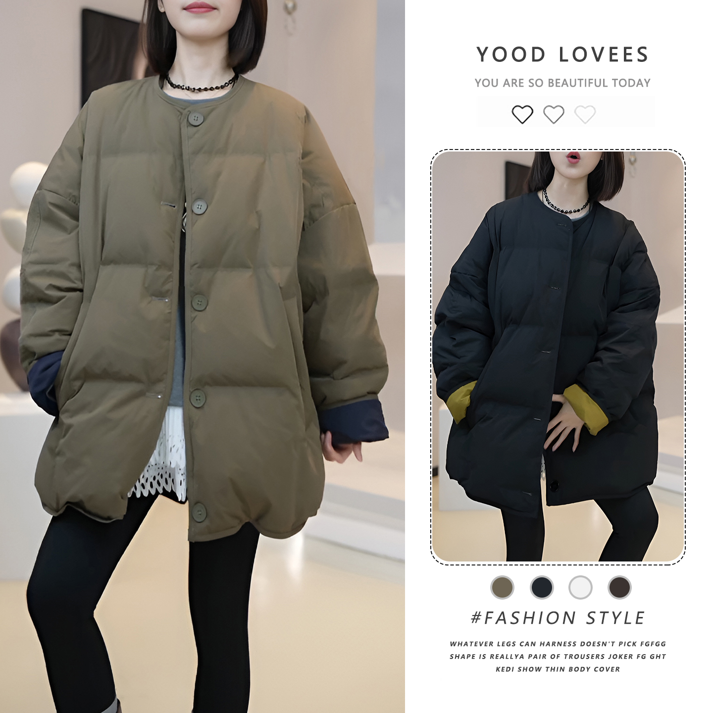 2025冬季时尚撞色外套女韩版圆领单排扣加厚加绒保暖中长款棉服潮