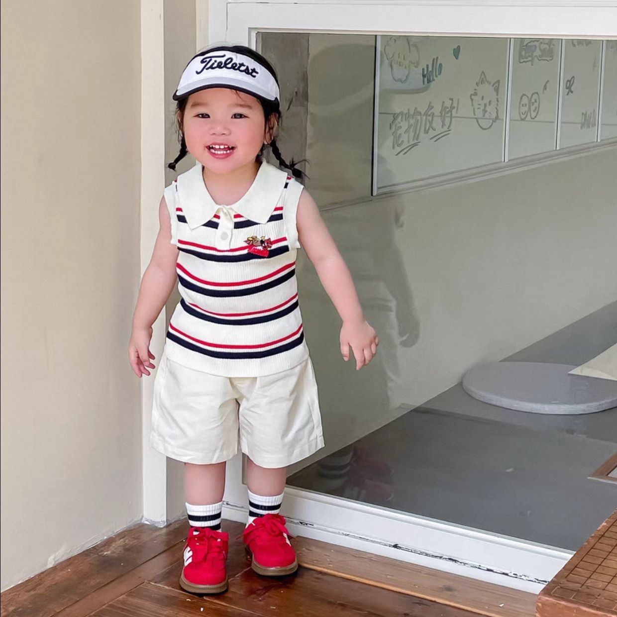 品牌清仓~2025夏季新款女童学院风套装宝宝条纹针织背心白色短裤
