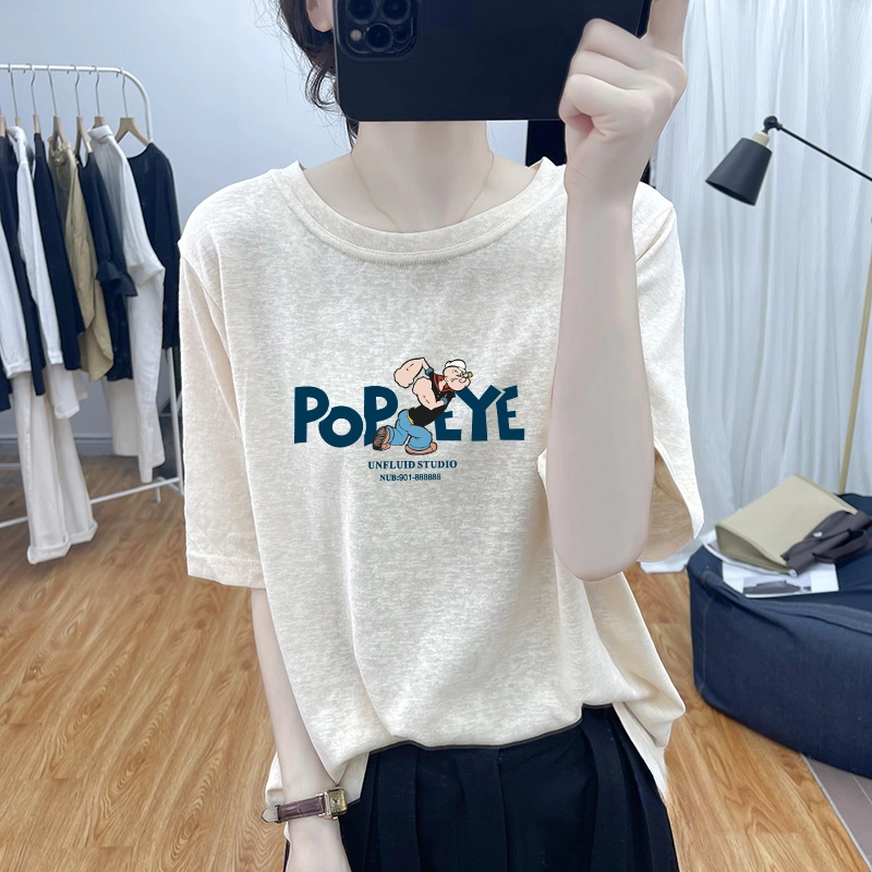 雪花棉短袖T恤女薄款上衣夏圆领宽松透气半袖打底衫复古纯色体恤