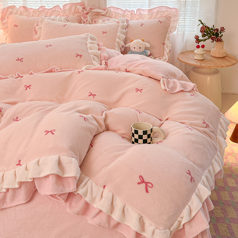 公主风花边床上四件套法莱绒牛奶绒冬季加绒加厚宿舍单双人三件套