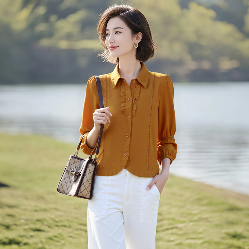 SY#【160可穿】时尚秋季女Polo领衬衫长袖显瘦纯色上衣DY14826