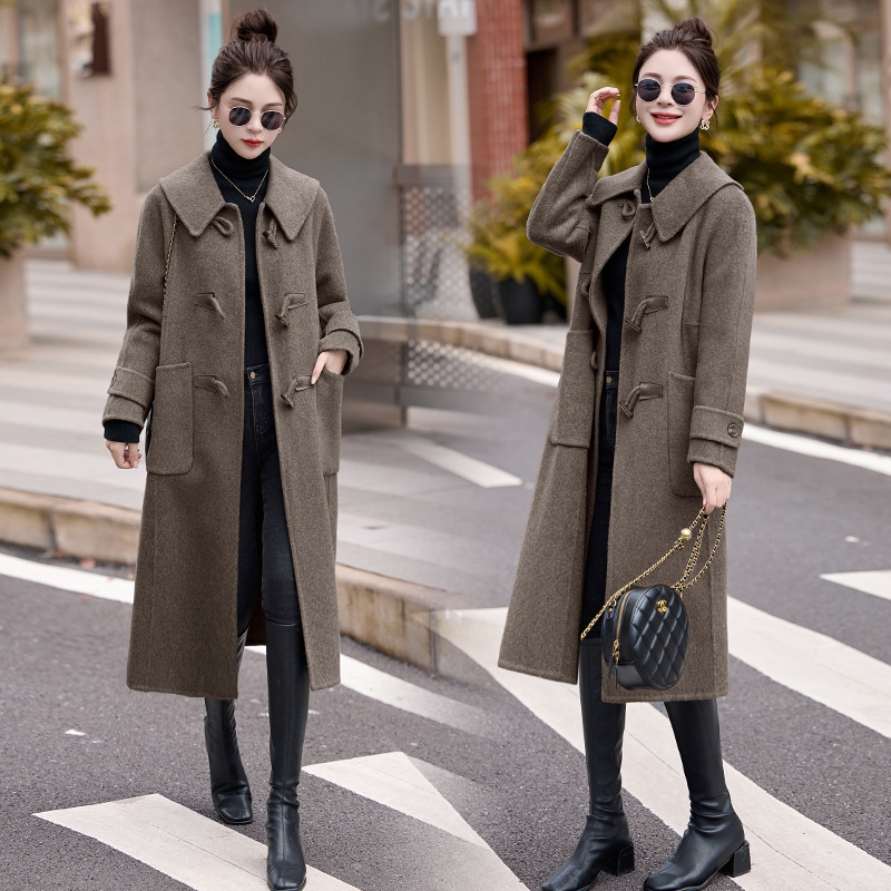 大翻领双面羊绒大衣女2025秋冬季新款高级感中长款牛角扣毛呢外套