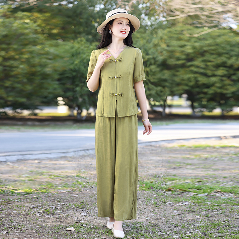 中老年女装夏季冰丝麻大码套装短袖九分裤妈妈装圆领套头两件套薄