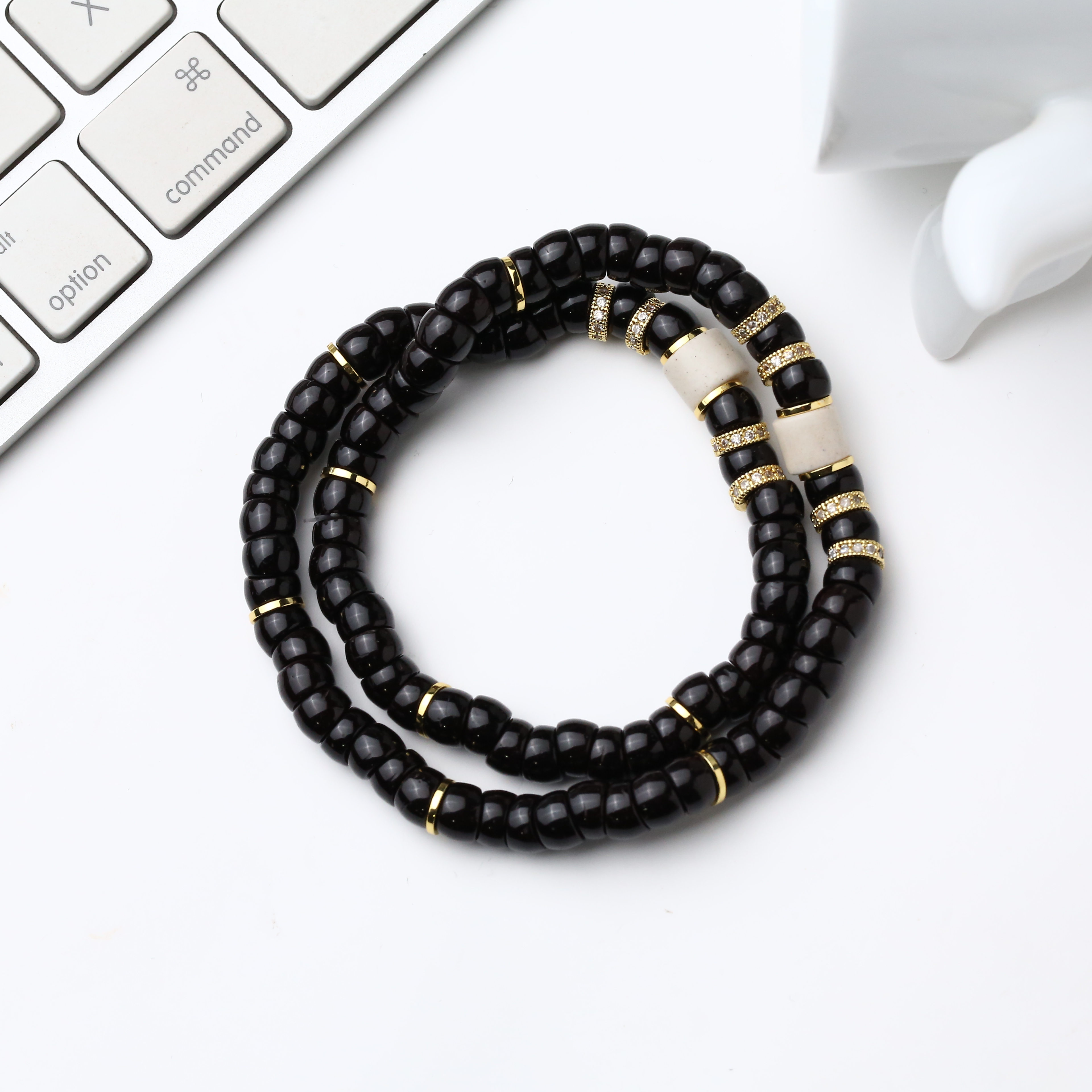 百顺文玩 黑金椰蒂-双圈古珠款-中式轻奢7mm古珠椰蒂大肠双圈手串