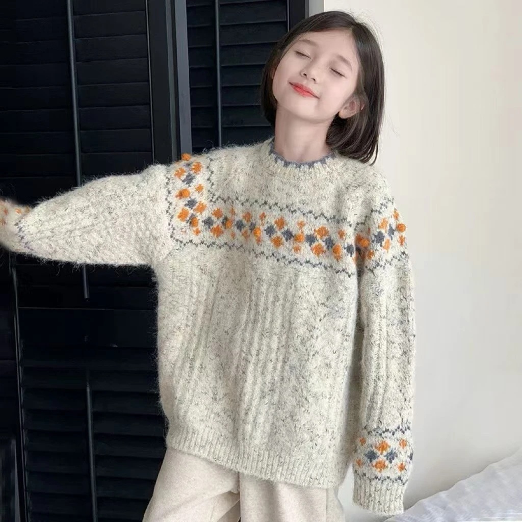 女童毛衣秋冬装2025新款儿童洋气女大童上衣懒惰风费尔岛百搭上衣