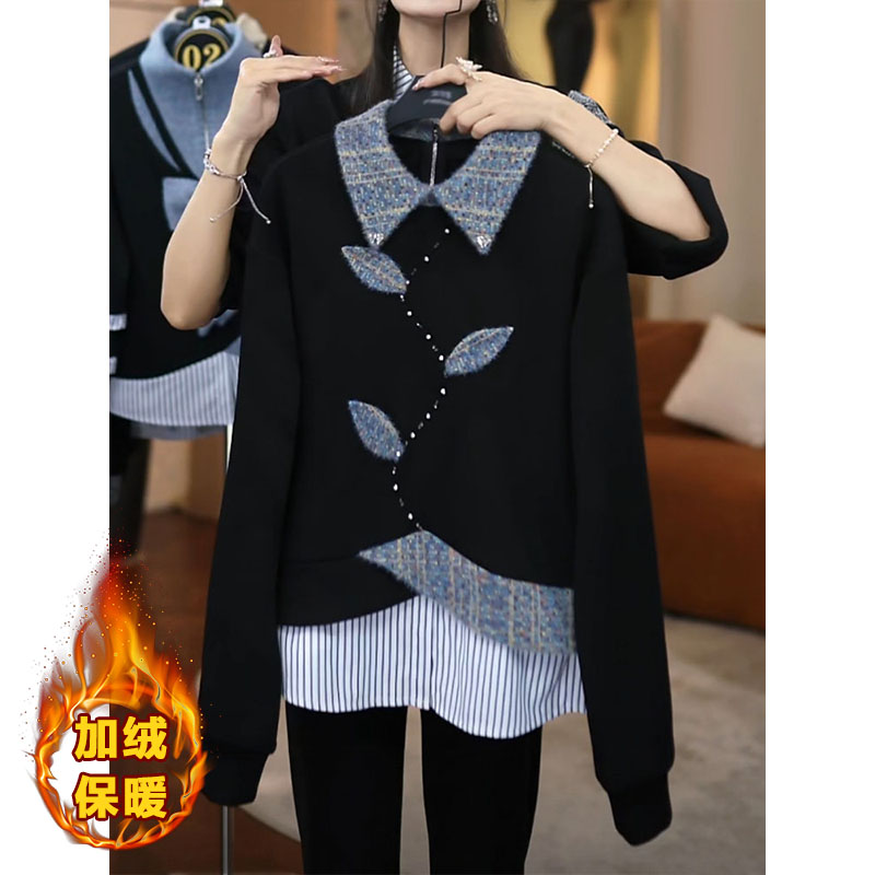 设计感假两件拼接卫衣女士2025冬季新款加绒保暖气质套头减龄上衣