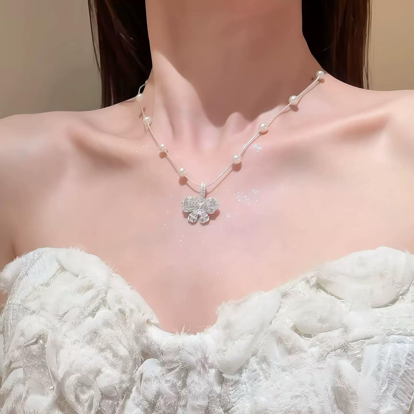 非金属仿珍珠吊坠 翩翩珠泪~韩系蝴蝶珍珠抽拉项链女轻奢小众配饰