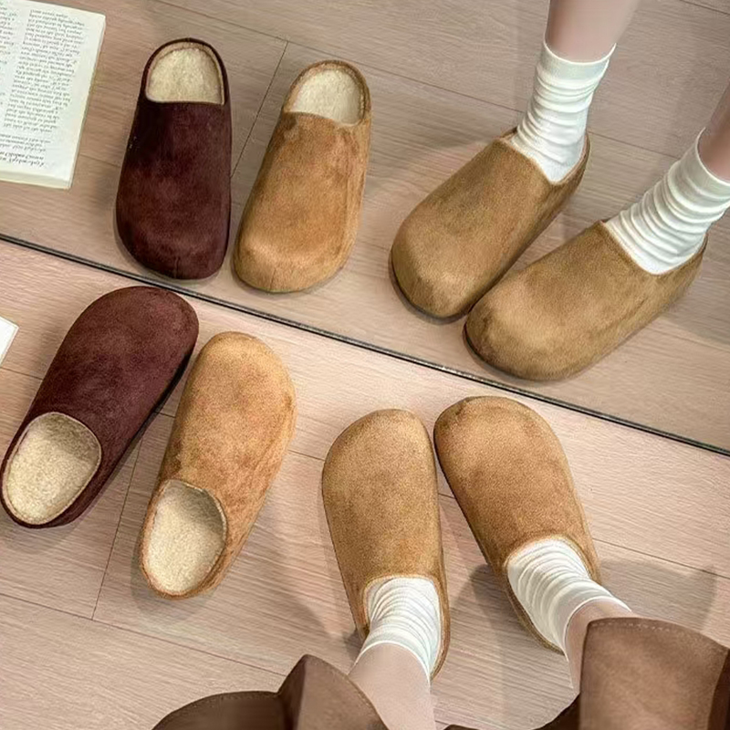 牛皮勃肯半拖鞋女冬季加绒保暖搭子厚底一脚蹬毛毛鞋15-7