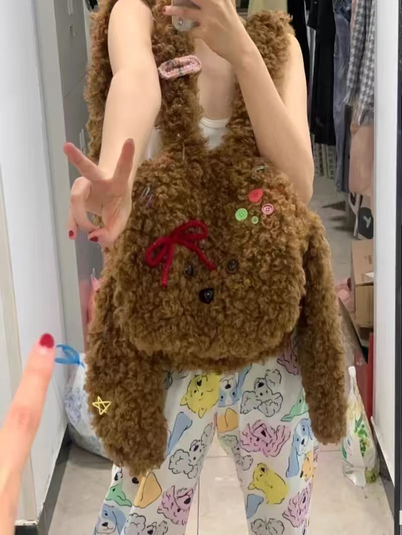 泰迪小狗毛绒双肩包大容量可爱少女卡通单肩托特包秋冬新款毛毛包