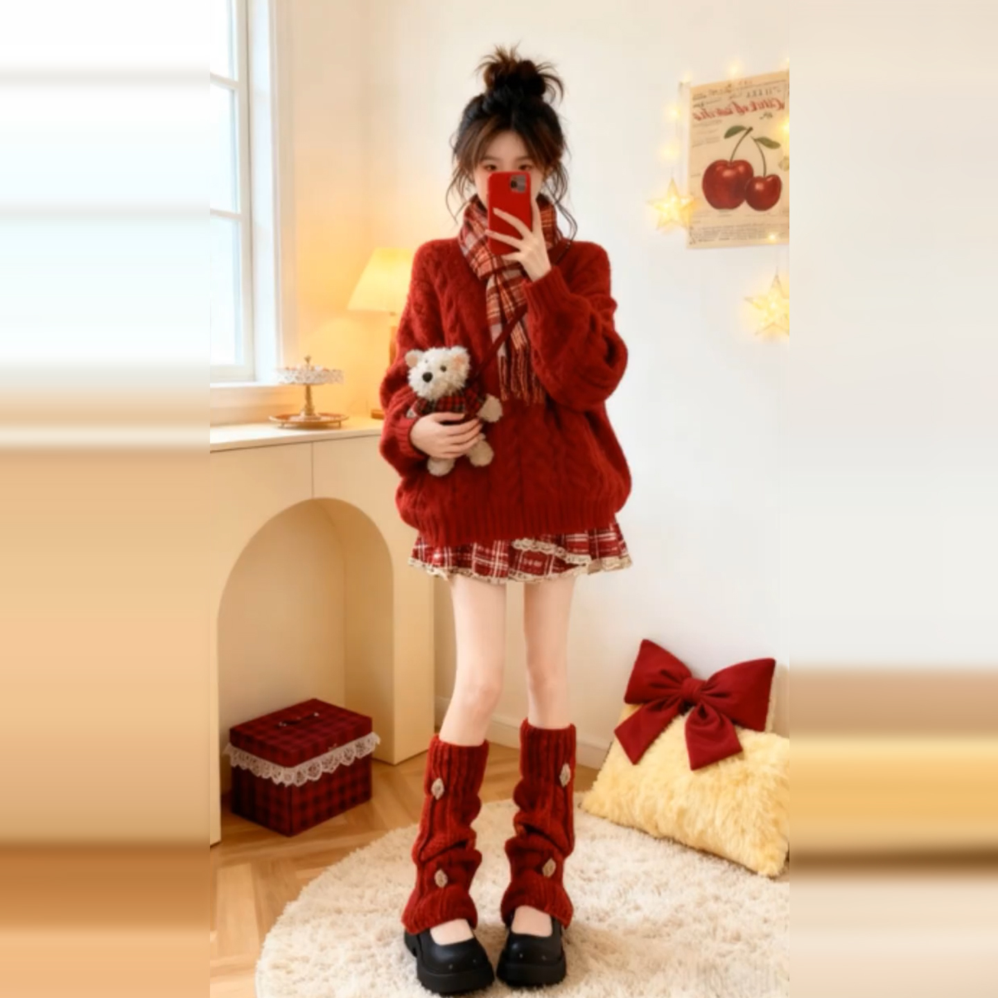 圣诞穿搭红色针织格子连衣裙两件套女2025秋冬韩系入冬衣服一整套