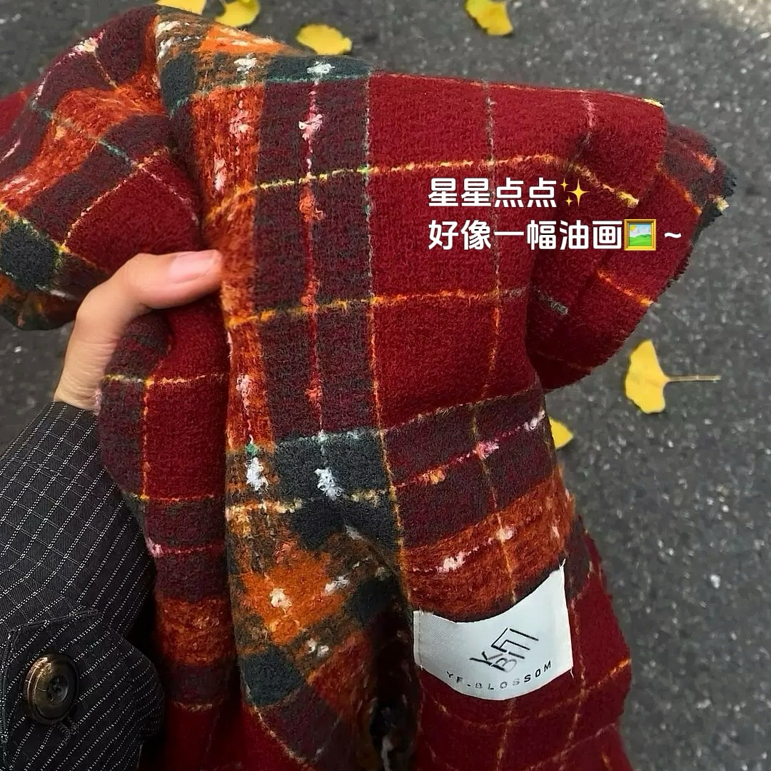 满目星河~枫叶红色格子围巾女冬季圣诞韩系氛围感百搭高级感围脖