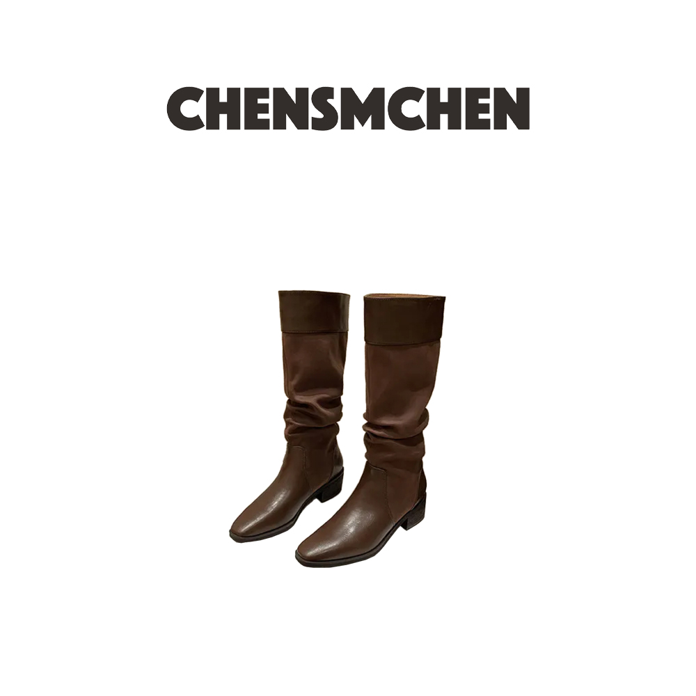 CHENSMCHEN 美拉德复古尖头粗跟褶皱堆堆百搭显瘦骑士靴