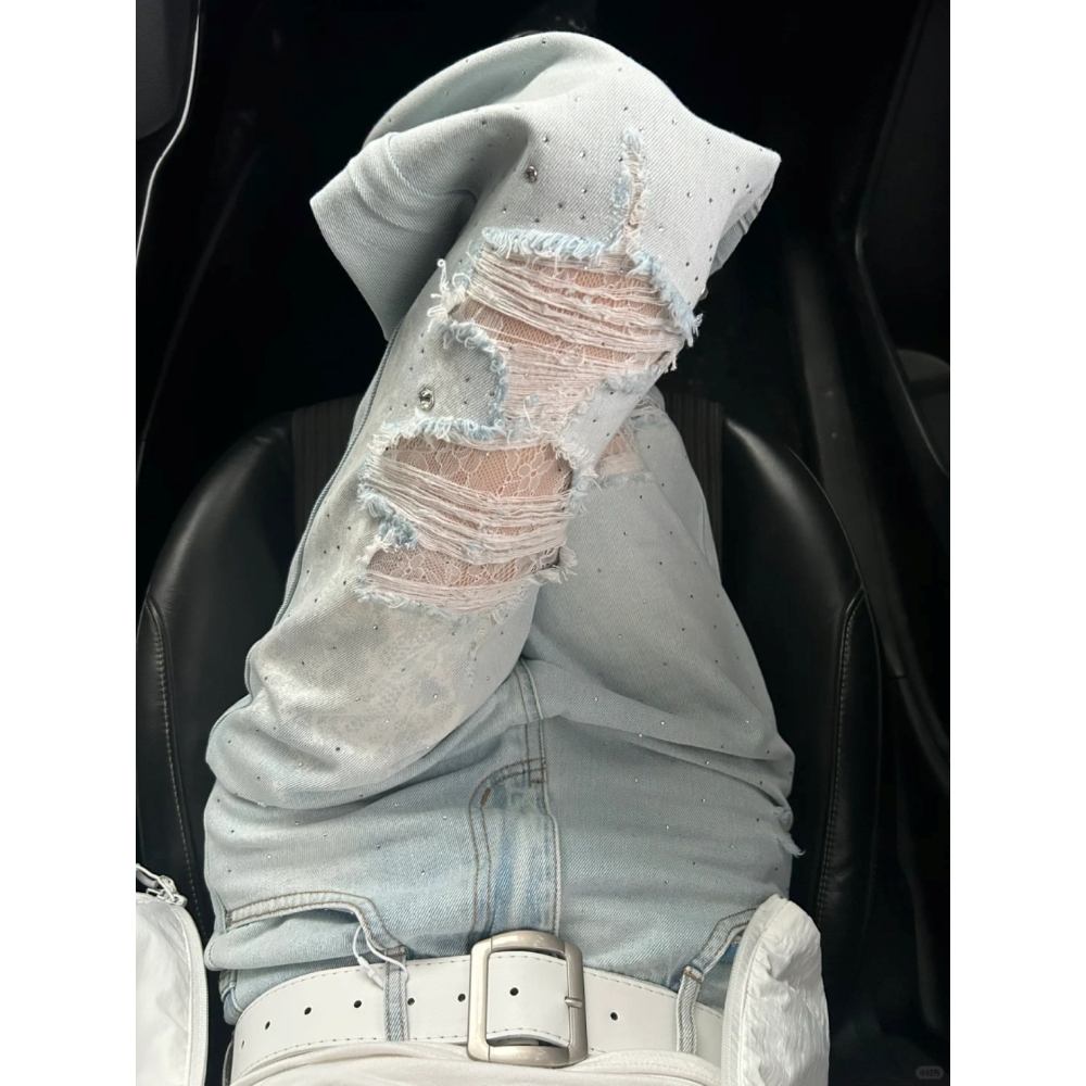 美式复古设计感蕾丝破洞牛仔裤女2025夏季高腰显瘦百搭垂感阔腿裤