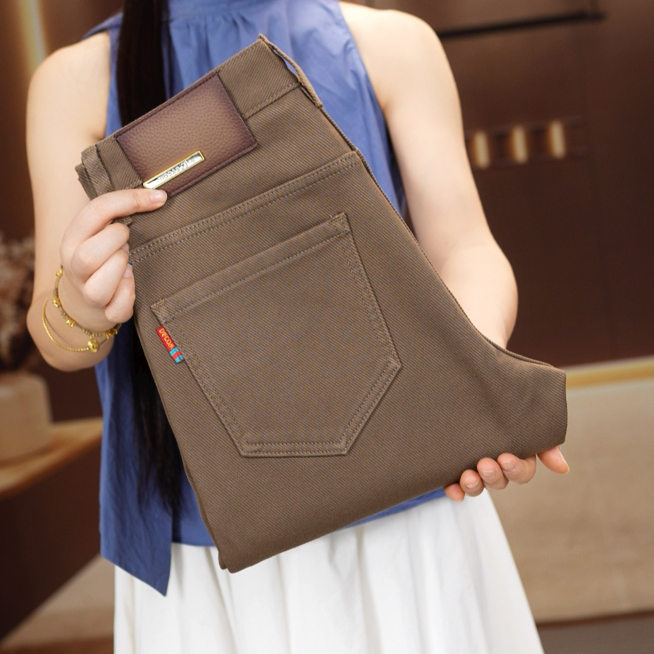 冬季新款加绒可可棕高定男士牛仔裤合体修身九分直筒百搭宽松弹力