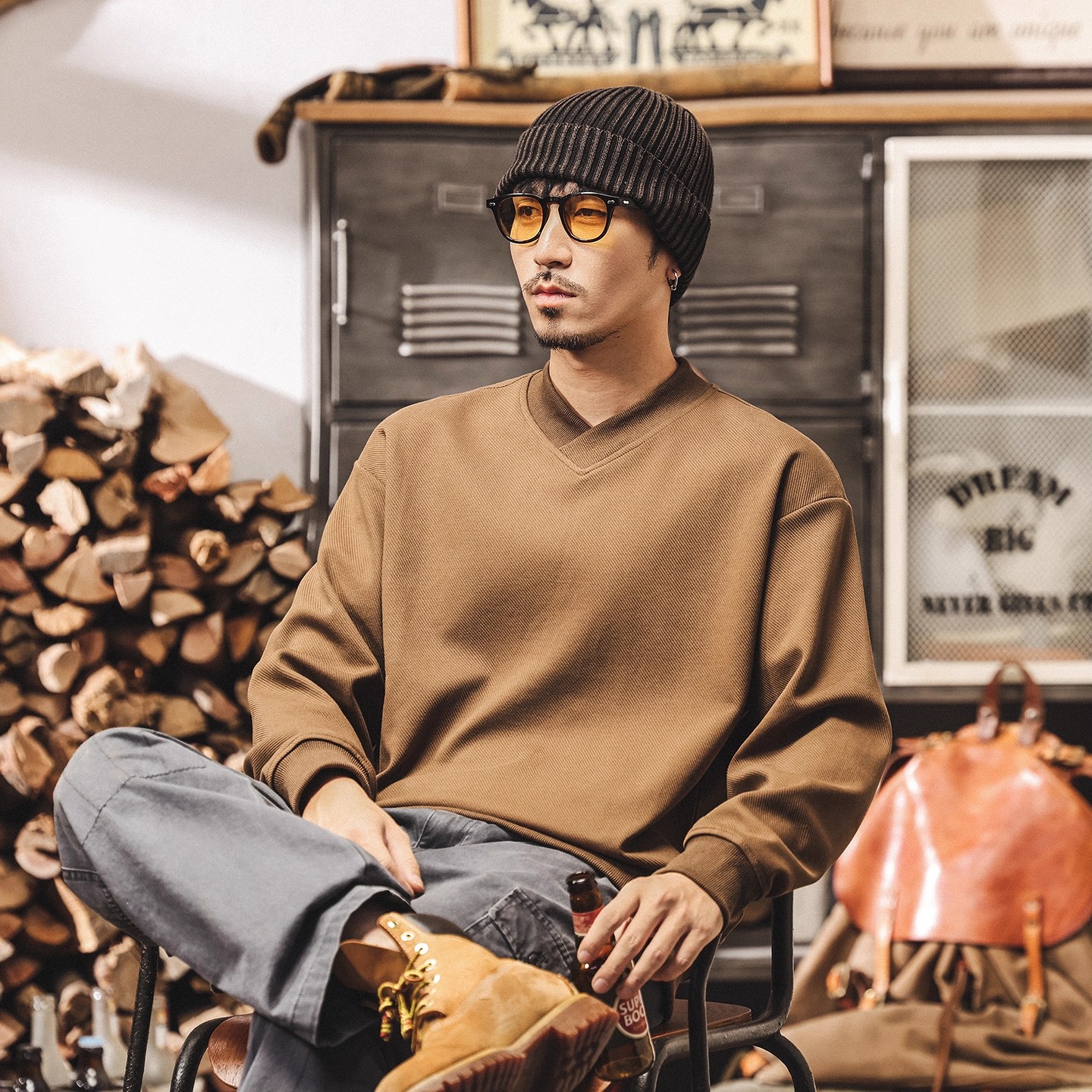 美式重磅复古极简V领卫衣男秋冬潮牌时尚新款内搭宽松休闲上衣男