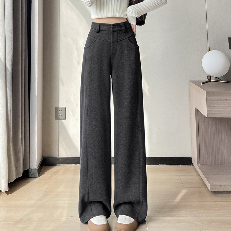 加绒加厚灰色毛呢阔腿裤女秋冬季高级感垂感西装裤休闲直筒香蕉裤