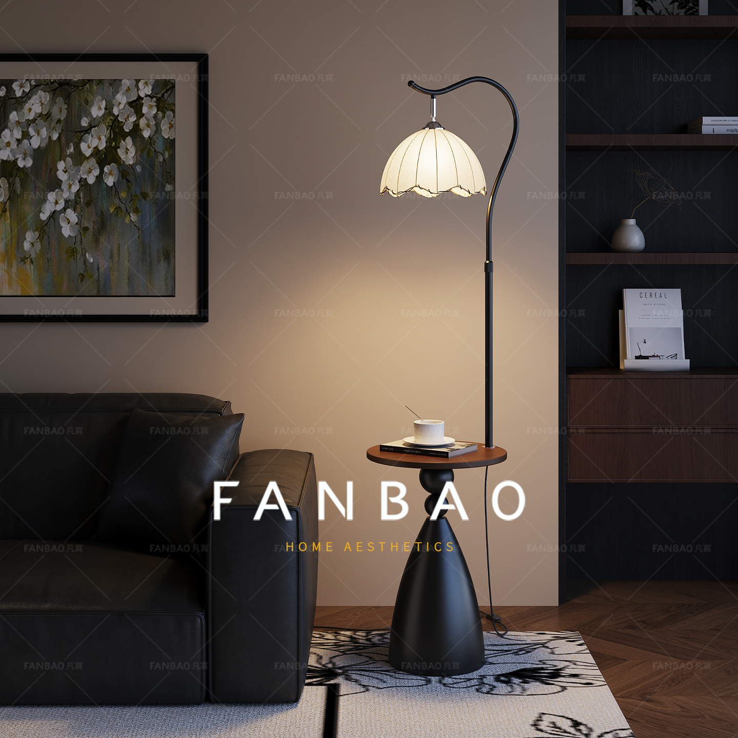 中古风实木茶几落地灯沙发边无线充电卧室床头置物氛围感布罩夜灯