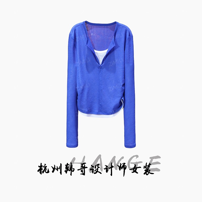 【韩哥女装】秋季《柔情》设计宝蓝色拼接假两件开领高弹上衣7997-A6