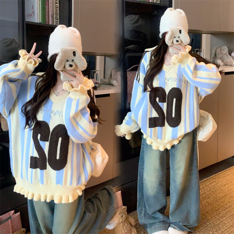 大码女装秋冬胖mm荷叶边撞色v领套头毛衣慵懒宽松软糯针织上衣