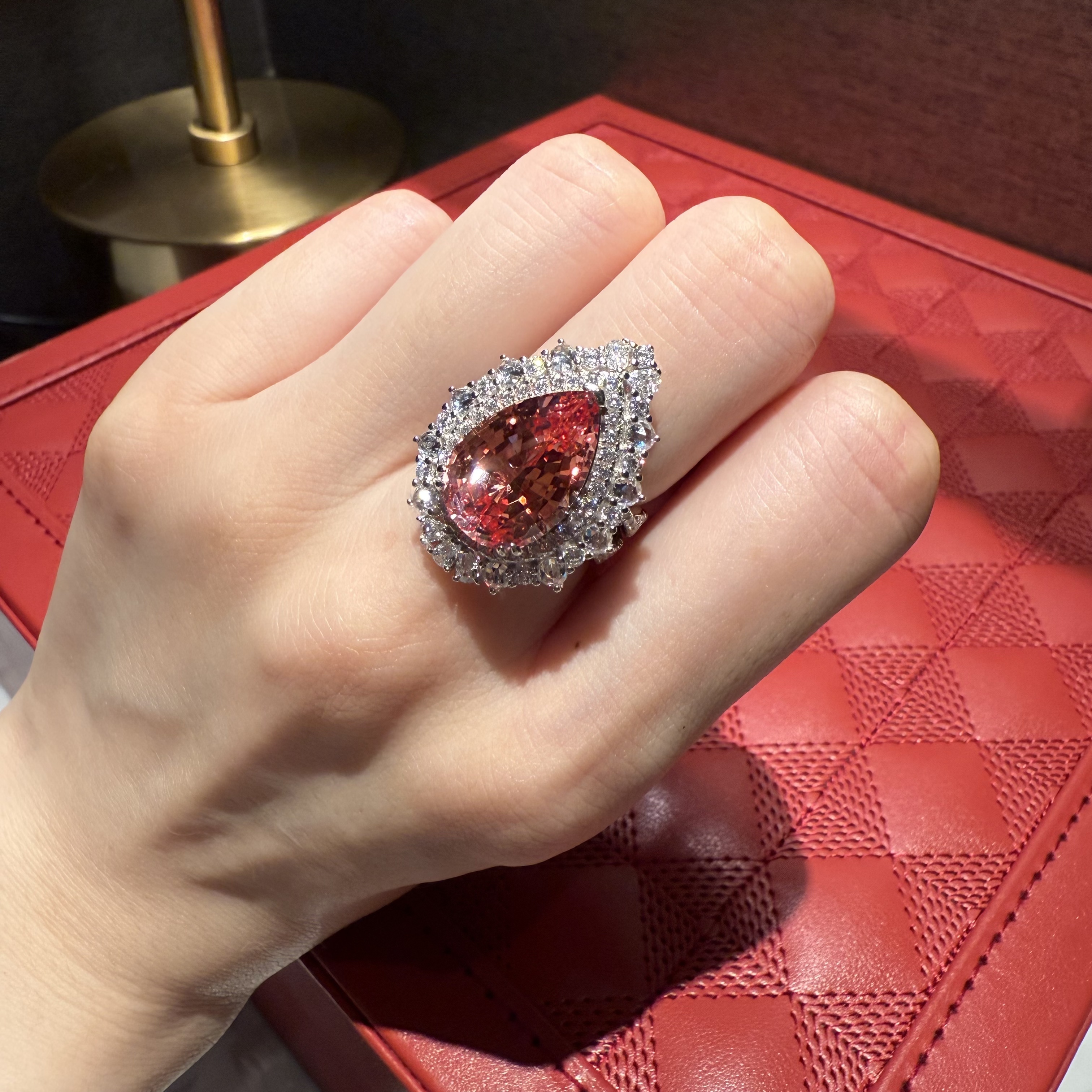 培育蓝宝石R2433 新款镶嵌水滴帕帕拉恰色精致戒指5-10#