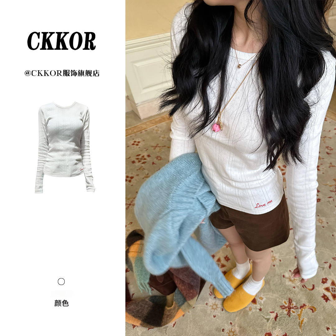 CKKOR春秋新款正肩圆领长袖t恤修身显瘦刺绣打底衫内搭卫衣男女款