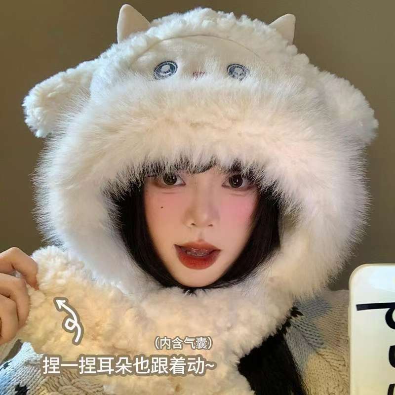 可爱小绵羊毛绒帽女冬季新款防寒保暖帽子围巾一体加厚护耳雷锋帽