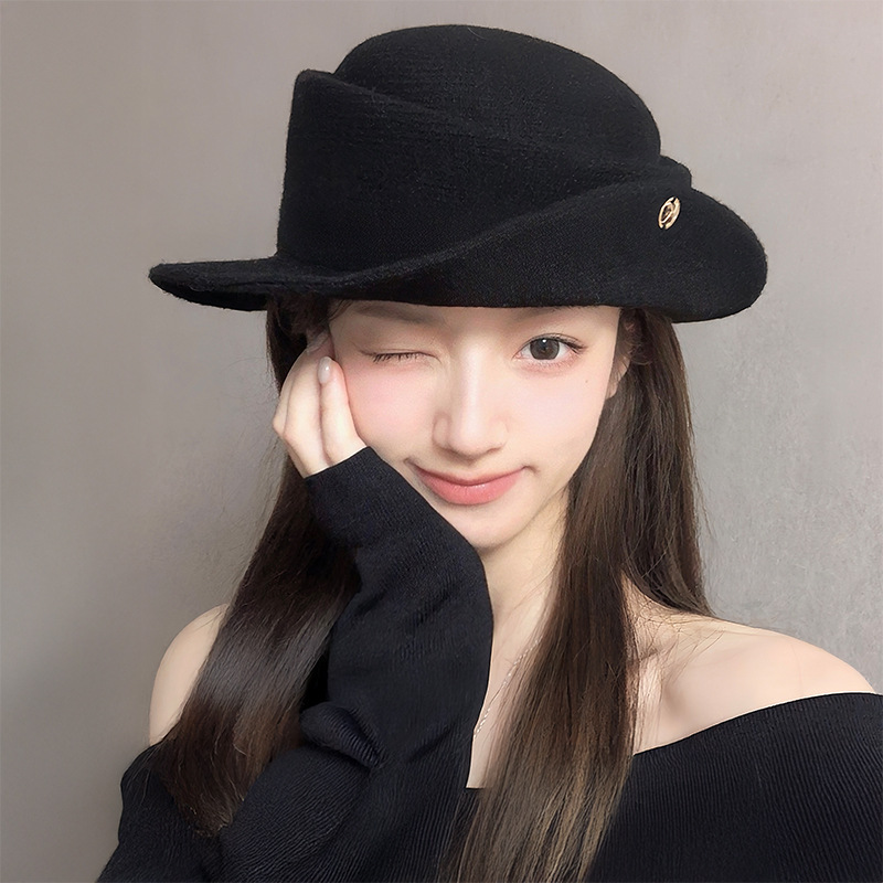 法式赫本风优雅黑色礼帽女秋冬复古显脸小卷边千金毛呢帽子渔夫帽