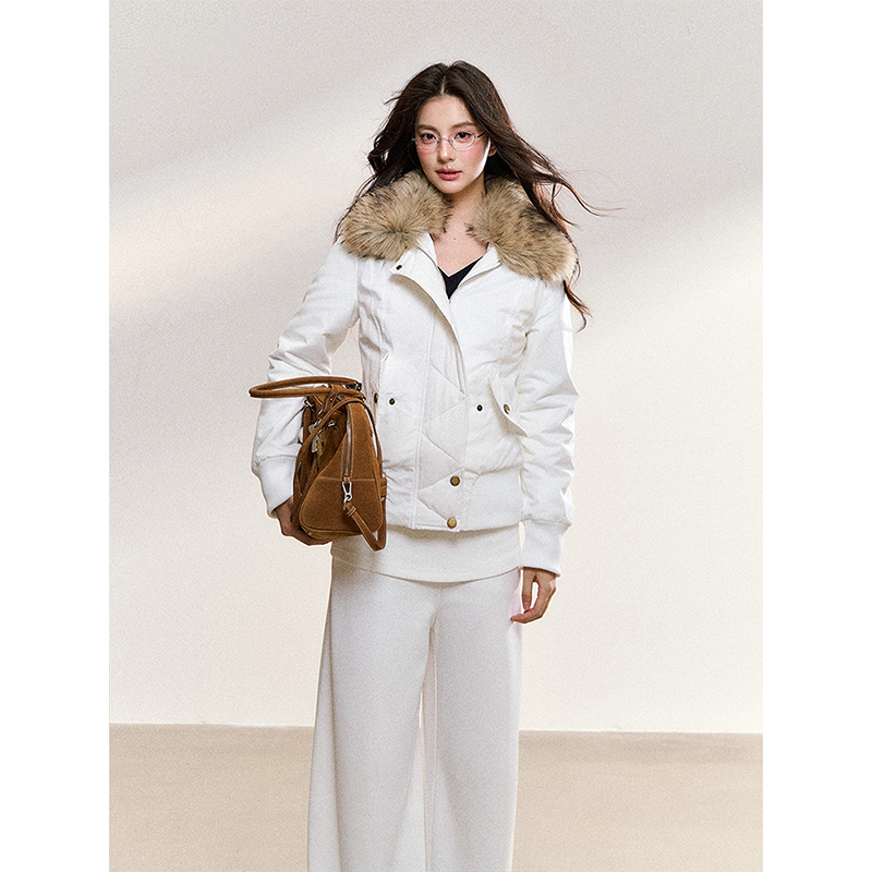 美式独特设计复古毛绒拼接多色短款外套女秋冬季修身保暖夹克上衣