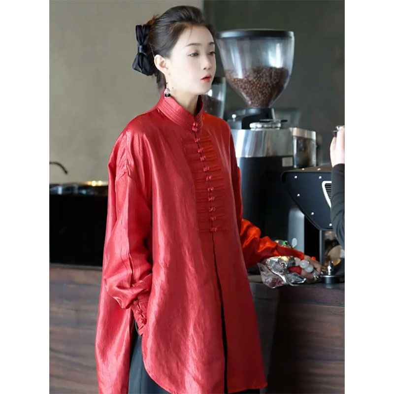 新中式国风立领中长款衬衫女欧洲站2025早春新款气质别致纯色上衣