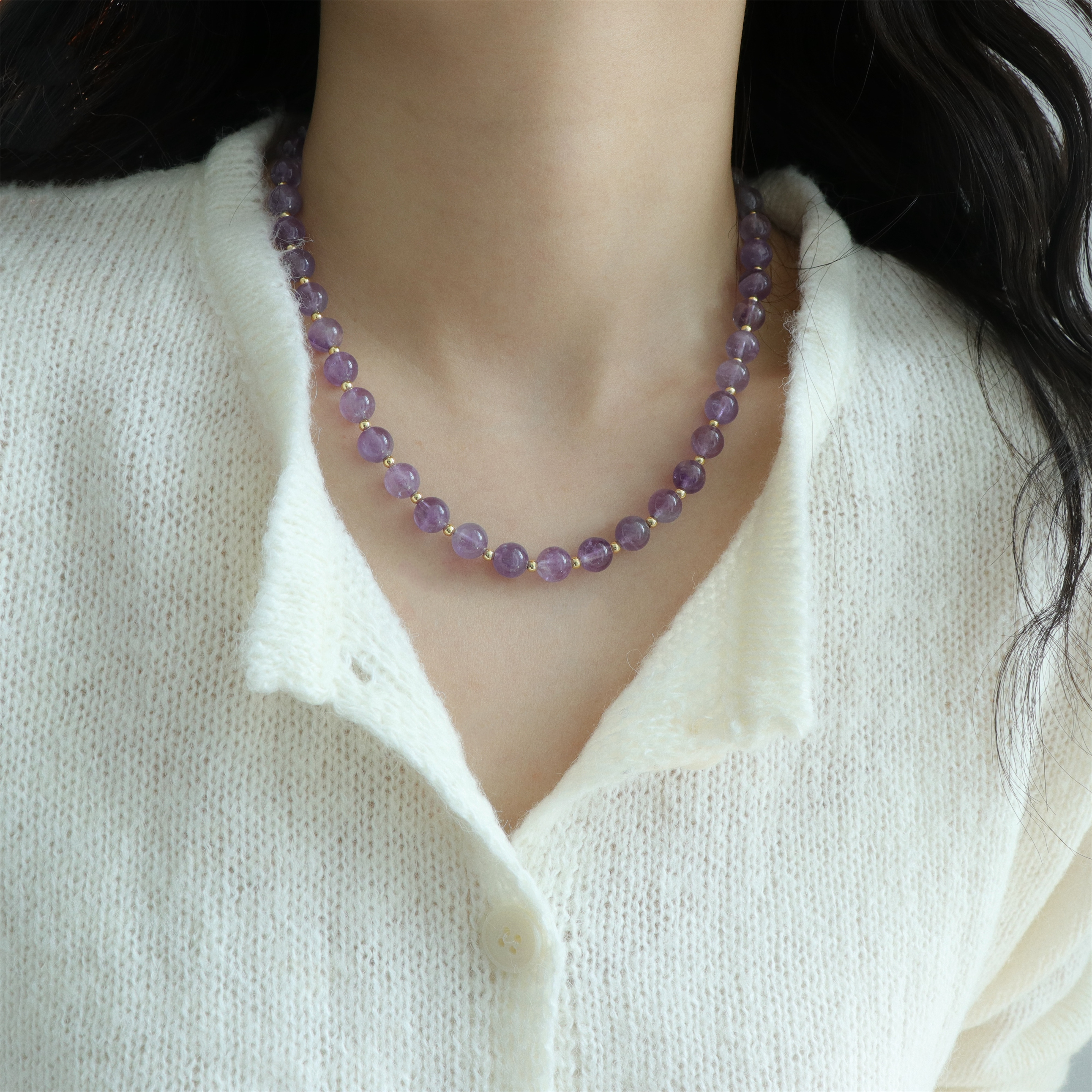 因缺斯汀饰品 铜合金项链 【紫雾拾光】紫色串珠项链女精致锁骨链