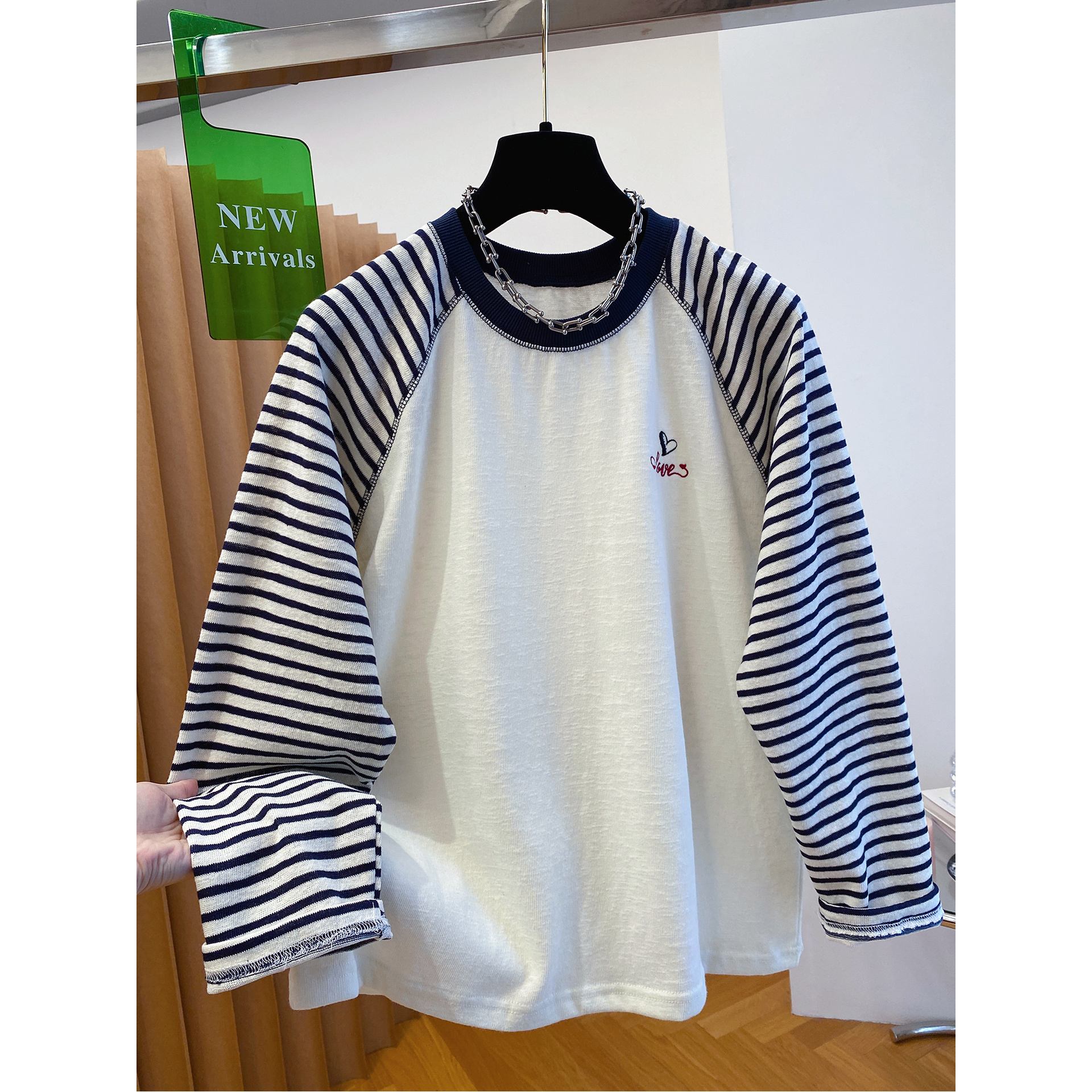 240斤胖妹妹大码韩系条纹插肩袖t恤女长袖2025秋新款宽松休闲上衣